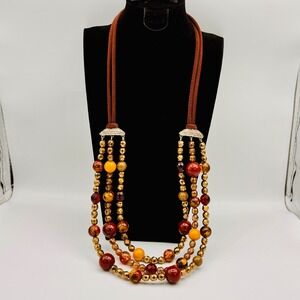Gerard Yosca Multi Strand Amber Tone Butterscotch Glass Beaded & Suede Necklace